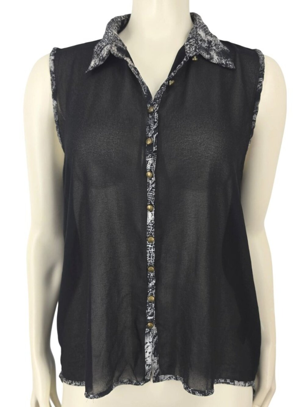 Women's Mine Sheer Black Snakeskin Trim Blouse Tank Top Medium High-Low Shirt